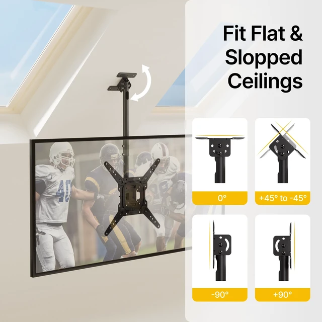 Alt view image 5 of 7 - monTEK Ceiling TV Mount Bracket for 23-55 inch Screens Holds up to 77lbs | 360° Swivel, -25° Tilt, ±3° Level, 21-30.9" Height Adjustment, Max VESA 400x400mm, Fit Sloped, for Home Gym Attic Shop