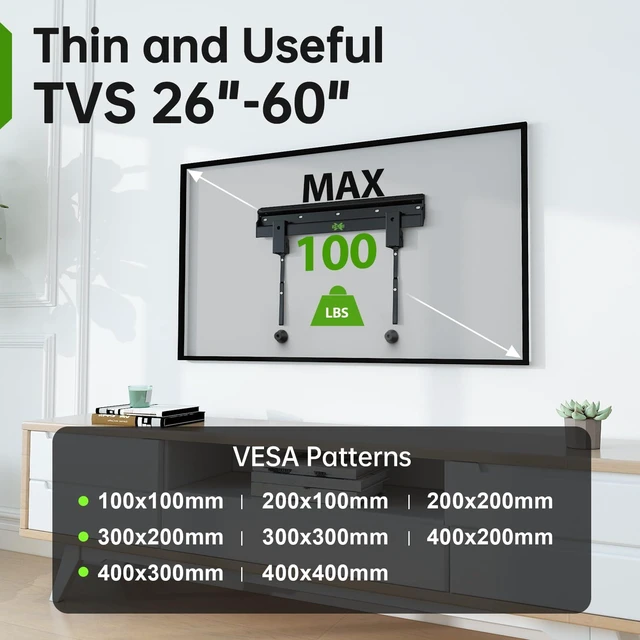 Alt view image 3 of 7 - No Stud TV Wall Mount Low Profile for Most 26-60" Televisions up to 100 lbs,No Dril Monitor Mount for Drywall, Studless Wall Mount Bracket Max VESA 400x400mm for Flat Screen&Curved TVs, Easy Install