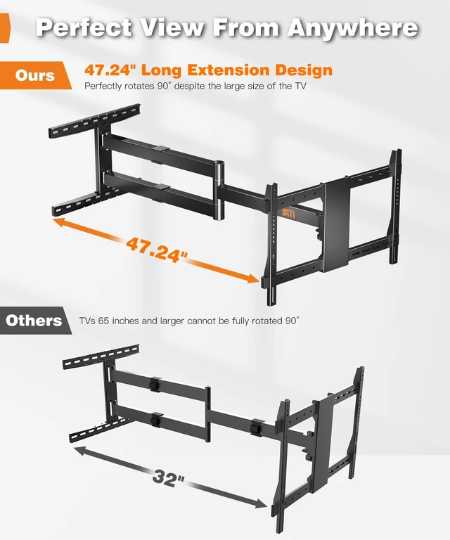 Alt view image 2 of 6 - 47 Extra Long Arm TV Wall Mount for 37-80 Inch TV | Full Motion Corner TV Mount with Extension Articulating Arm, Swivel Tilt, Max VESA 600x400mm, Fits 16/18" Studs Up to 99 lbs