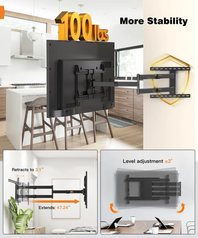 Alt view image 3 of 6 - 47 Extra Long Arm TV Wall Mount for 37-80 Inch TV | Full Motion Corner TV Mount with Extension Articulating Arm, Swivel Tilt, Max VESA 600x400mm, Fits 16/18" Studs Up to 99 lbs
