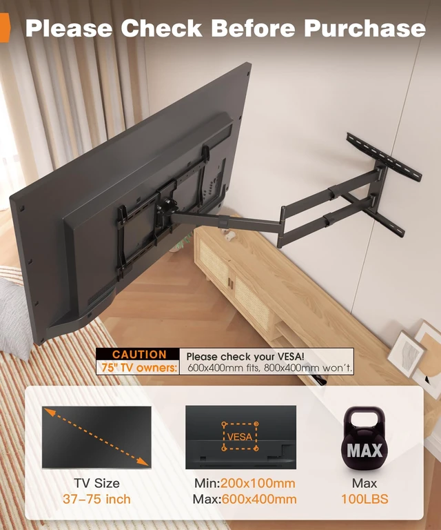 Alt view image 5 of 6 - 47 Extra Long Arm TV Wall Mount for 37-80 Inch TV | Full Motion Corner TV Mount with Extension Articulating Arm, Swivel Tilt, Max VESA 600x400mm, Fits 16/18" Studs Up to 99 lbs