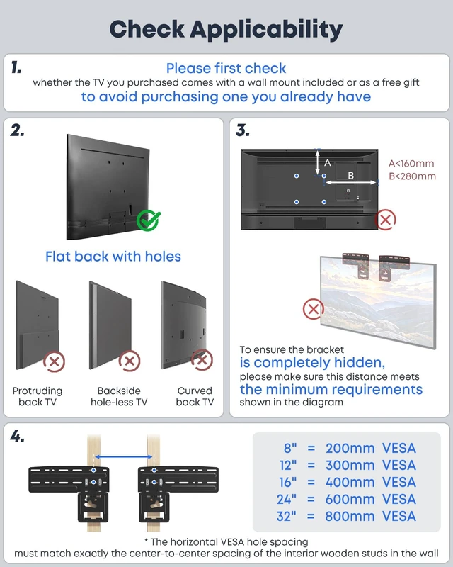 Alt view image 2 of 7 - Ultra Slim TV Wall Mount for 43-85 Inch TV Up to 132lbs,Max VESA 1200x800mm | 0.3" Low Profile TV Mount,Compatible with For Flat & Frame TVs,Flush Wall Mount TV Bracket