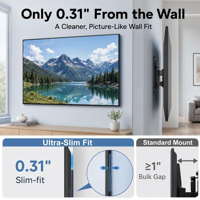 Alt view image 2 of 7 - Ultra Slim TV Wall Mount for 42 to 100 Inch Flat, Slim and Frame LED TVs | 0.31 Inch Low Profile, Wall or Stud Install, VESA 200x100 to 1200x800, Holds up to 176 lb, for LCD OLED QLED TVs