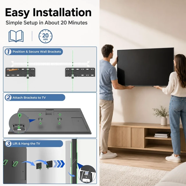 Alt view image 6 of 7 - Ultra Slim TV Wall Mount for 42 to 100 Inch Flat, Slim and Frame LED TVs | 0.31 Inch Low Profile, Wall or Stud Install, VESA 200x100 to 1200x800, Holds up to 176 lb, for LCD OLED QLED TVs