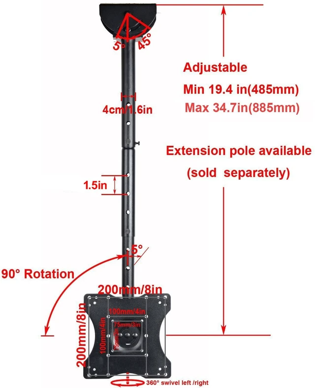 Alt view image 2 of 7 - VideoSecu Adjustable Ceiling TV Mount Fits Most 26-55" LCD LED Plasma Monitor Flat Panel Screen Display with VESA 400x400 400x300 400x200 300x300 300x200 200x200mm MLCE7N 1JS