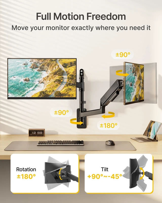 Alt view image 4 of 7 - monTEK Vertical Dual Monitor Wall Mount for 17-45" Screens, 35.2 Lbs Each | Heavy Duty Dual Monitor Arm, Full Motion, 75x75/100x100 Compatible, for Flat/Curved Monitors, Home Office & Gaming, Black