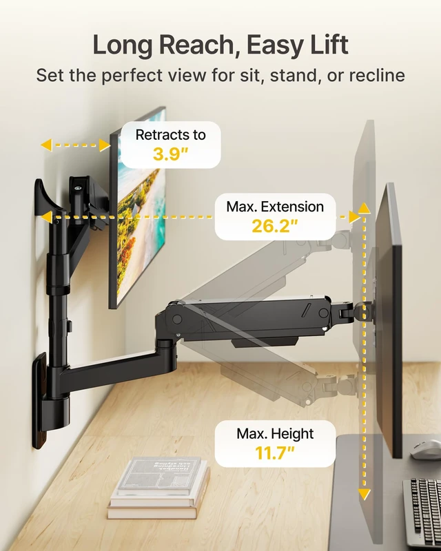 Alt view image 3 of 7 - monTEK Vertical Dual Monitor Wall Mount for 17-45" Screens, 35.2 Lbs Each | Heavy Duty Dual Monitor Arm, Full Motion, 75x75/100x100 Compatible, for Flat/Curved Monitors, Home Office & Gaming, Black
