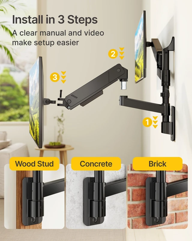 Alt view image 5 of 7 - monTEK Vertical Dual Monitor Wall Mount for 17-45" Screens, 35.2 Lbs Each | Heavy Duty Dual Monitor Arm, Full Motion, 75x75/100x100 Compatible, for Flat/Curved Monitors, Home Office & Gaming, Black