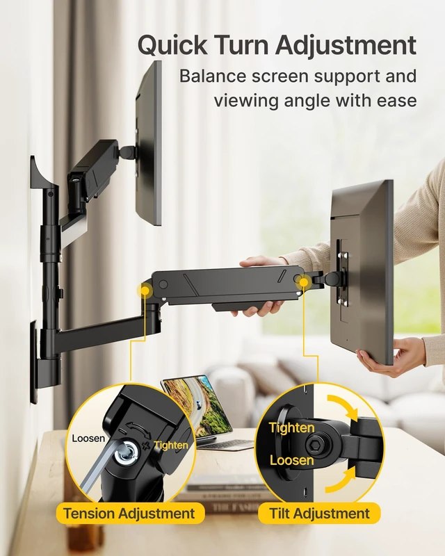 Alt view image 6 of 7 - monTEK Vertical Dual Monitor Wall Mount for 17-45" Screens, 35.2 Lbs Each | Heavy Duty Dual Monitor Arm, Full Motion, 75x75/100x100 Compatible, for Flat/Curved Monitors, Home Office & Gaming, Black