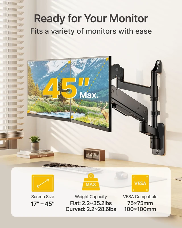 Alt view image 2 of 7 - monTEK Vertical Dual Monitor Wall Mount for 17-45" Screens, 35.2 Lbs Each | Heavy Duty Dual Monitor Arm, Full Motion, 75x75/100x100 Compatible, for Flat/Curved Monitors, Home Office & Gaming, Black