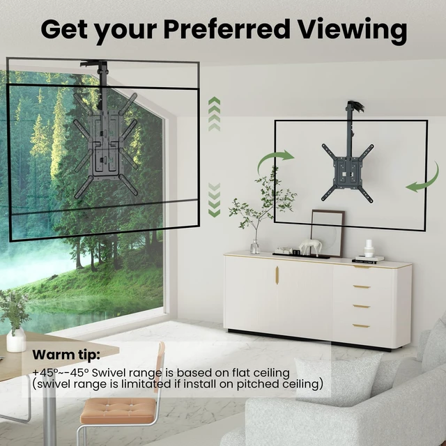 Alt view image 4 of 7 - Ceiling TV Mount Flip Down for 23-55'' TV, Manual Drop Down TV Mount | Foldable, Fits Flat and Pitched Roof, Height Adjustable, Swivel, Max Load 44 lbs, Max VESA 400x400 mm, Black