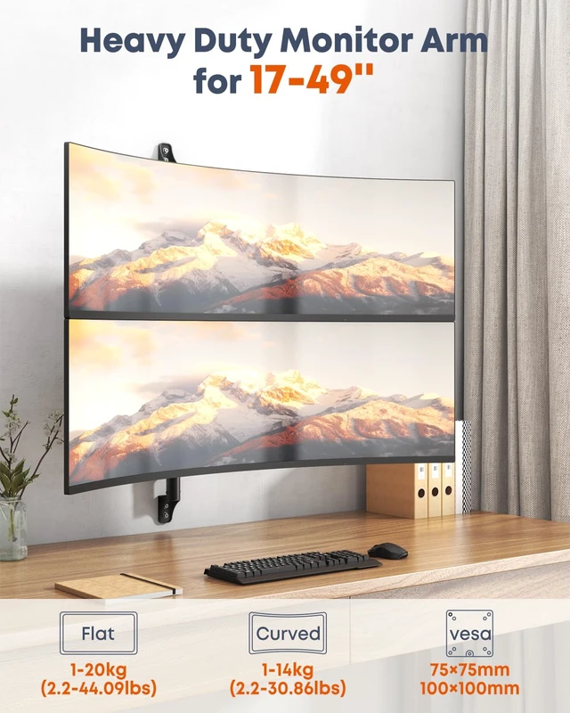 Alt view image 2 of 7 - PUTORSEN Dual Monitor Wall Mount for 17-49" Screens | Supports Flat & Curved Screens, 44lbs per Arm, Heavy Duty, Height Adjustable, VESA 75/100mm, Black