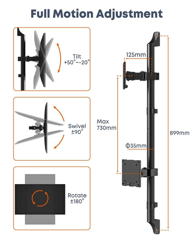 Alt view image 3 of 7 - PUTORSEN Dual Monitor Wall Mount for 17-49" Screens | Supports Flat & Curved Screens, 44lbs per Arm, Heavy Duty, Height Adjustable, VESA 75/100mm, Black