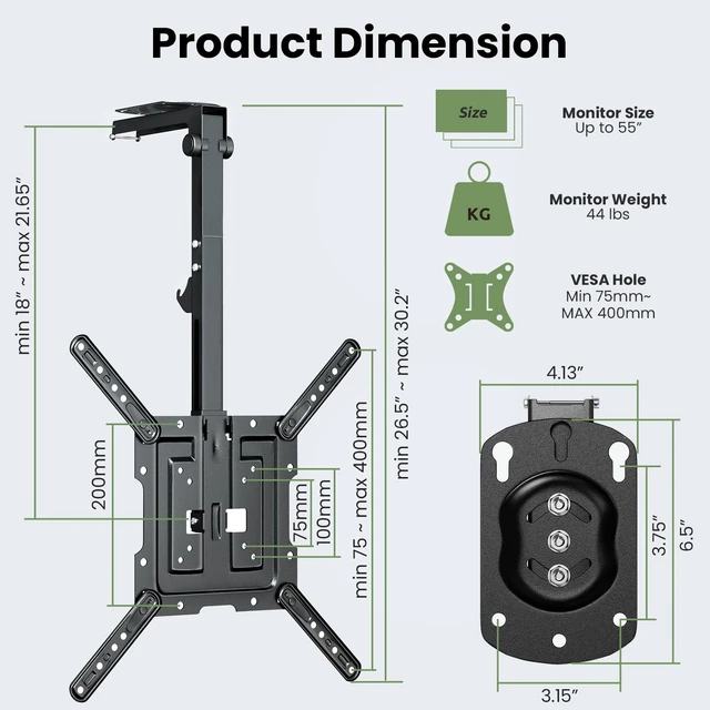 Alt view image 6 of 7 - Ceiling TV Mount Flip Down for 23-55'' TV, Manual Drop Down TV Mount | Foldable, Fits Flat and Pitched Roof, Height Adjustable, Swivel, Max Load 44 lbs, Max VESA 400x400 mm, Black