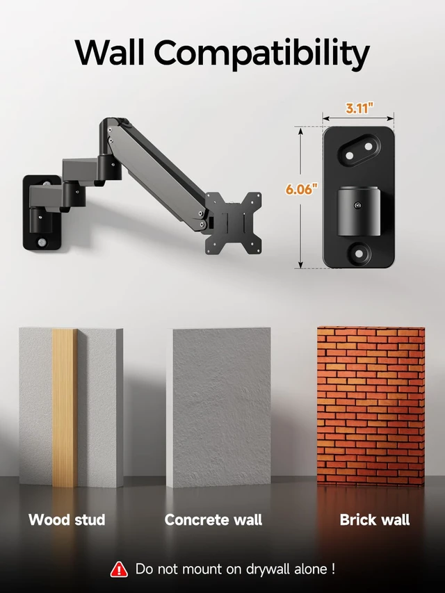 Alt view image 7 of 7 - suptek Single Long Arm Monitor Wall Mount for 17 to 35 Inch Screens, Gas Spring Monitor Arm Wall Mount Holds Up to 11KG/24lbs, Full Motion Adjustable,VESA Mount 75x75/100x100mm(WMX3)