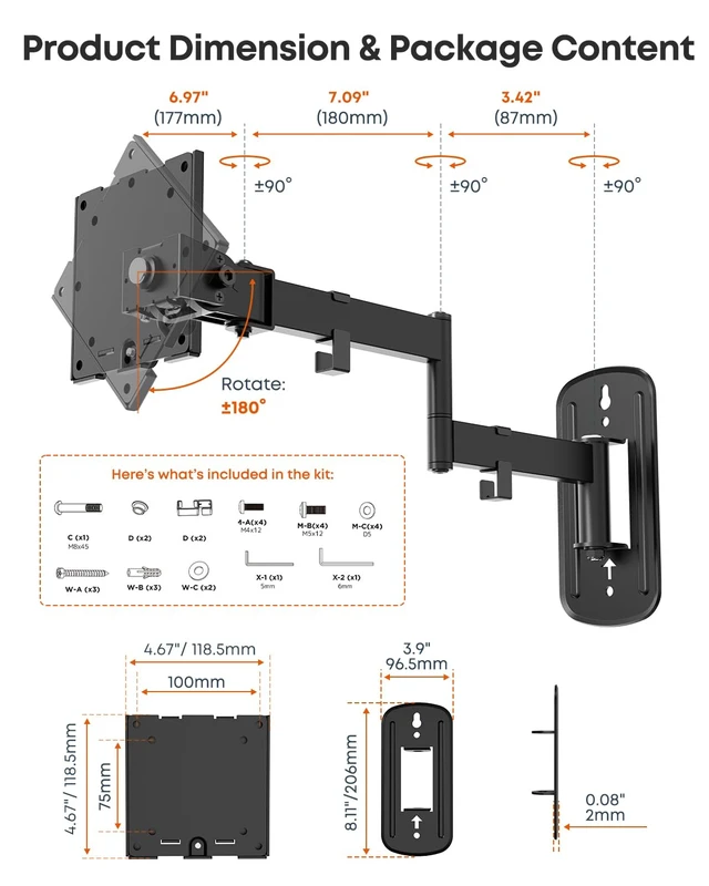 Alt view image 7 of 7 - Monitor Wall Mount for up to 49 inch Ultrawide Screens, Max Holds 44lbs | Low Profile Wall Mount Monitor Arm, Fully Adjustable Dual Steel Arm with 4.1" to 18.1" Extension, VESA 75/100 mm, Black