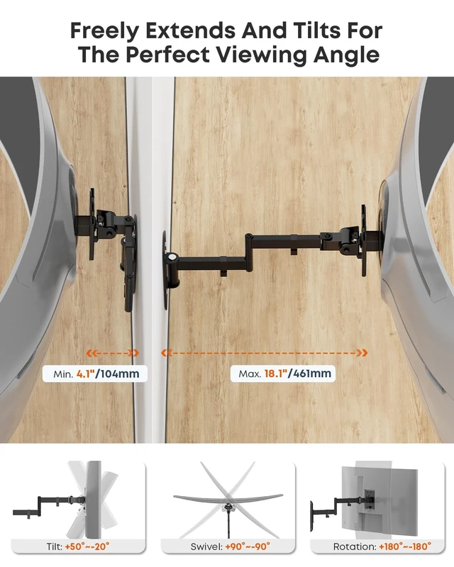 Alt view image 6 of 7 - Monitor Wall Mount for up to 49 inch Ultrawide Screens, Max Holds 44lbs | Low Profile Wall Mount Monitor Arm, Fully Adjustable Dual Steel Arm with 4.1" to 18.1" Extension, VESA 75/100 mm, Black