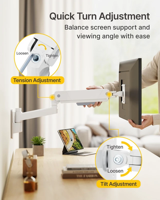 Alt view image 6 of 7 - monTEK Heavy Duty Monitor Wall Mount for 17-45" Screens, Holds 35 Lbs | Full Motion Single Monitor Arm, VESA 75x75/100x100 Compatible, for Flat/Curved Monitor, Home Office & Gaming Setup, White