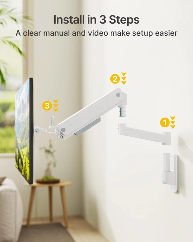 Alt view image 7 of 7 - monTEK Heavy Duty Monitor Wall Mount for 17-45" Screens, Holds 35 Lbs | Full Motion Single Monitor Arm, VESA 75x75/100x100 Compatible, for Flat/Curved Monitor, Home Office & Gaming Setup, White