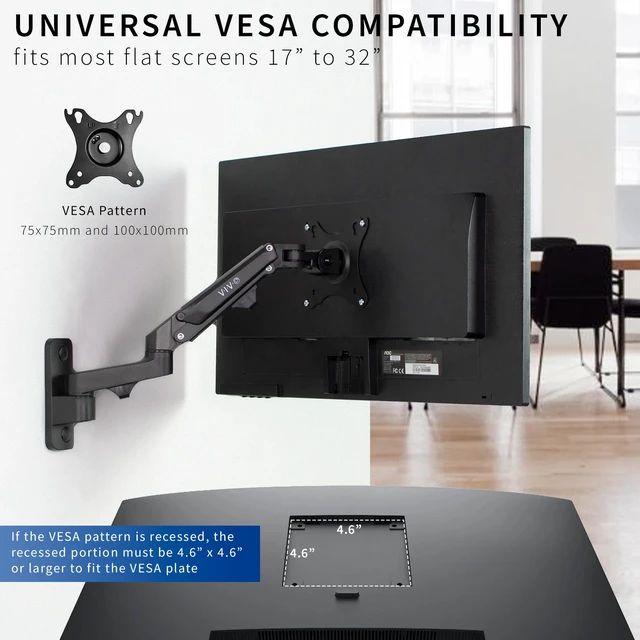 Alt view image 3 of 7 - VIVO Black Single Monitor Wall Mount for 17 to 32 inch Screens, MOUNT-G100B | Premium Aluminum Monitor Mount, Pneumatic Adjustable Arm, Maximum VESA 100x100, Holds 15.4 lbs
