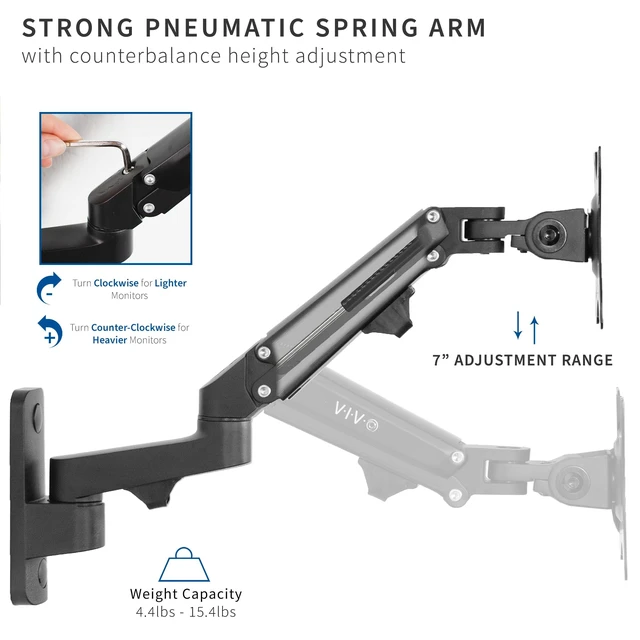 Alt view image 4 of 7 - VIVO Black Single Monitor Wall Mount for 17 to 32 inch Screens, MOUNT-G100B | Premium Aluminum Monitor Mount, Pneumatic Adjustable Arm, Maximum VESA 100x100, Holds 15.4 lbs