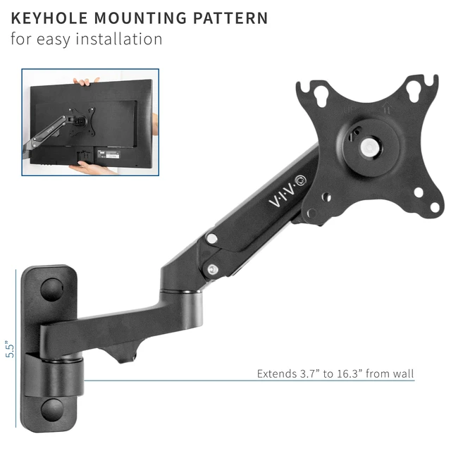 Alt view image 6 of 7 - VIVO Black Single Monitor Wall Mount for 17 to 32 inch Screens, MOUNT-G100B | Premium Aluminum Monitor Mount, Pneumatic Adjustable Arm, Maximum VESA 100x100, Holds 15.4 lbs