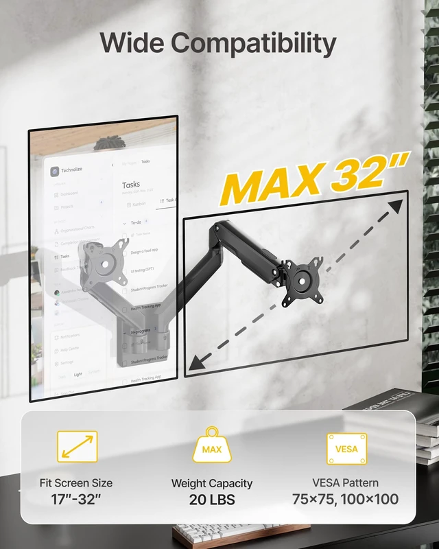 Alt view image 3 of 7 - monTEK Dual Monitor Wall Mount, Wobble-Free Spring, 1732" Full Motion | Dual Wall Mount Frees Full Desktop Space, Zero Clearance Retracts to 3.8", Wobble-Free Spring, Supports 20 Lbs Per Arm