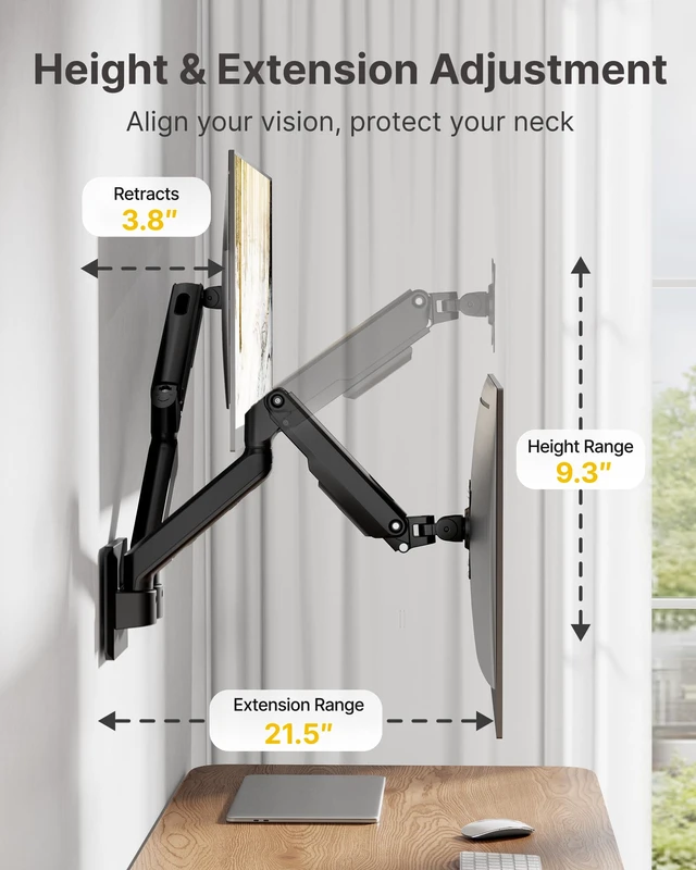 Alt view image 4 of 7 - monTEK Dual Monitor Wall Mount, Wobble-Free Spring, 1732" Full Motion | Dual Wall Mount Frees Full Desktop Space, Zero Clearance Retracts to 3.8", Wobble-Free Spring, Supports 20 Lbs Per Arm