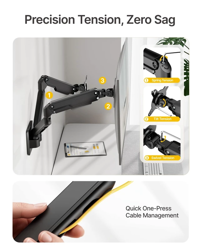 Alt view image 6 of 7 - monTEK Dual Monitor Wall Mount, Wobble-Free Spring, 1732" Full Motion | Dual Wall Mount Frees Full Desktop Space, Zero Clearance Retracts to 3.8", Wobble-Free Spring, Supports 20 Lbs Per Arm