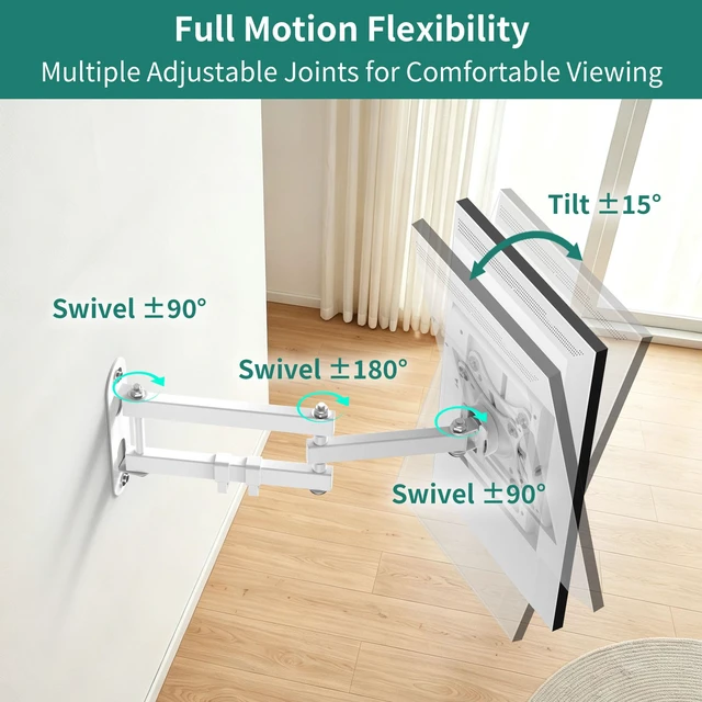 Alt view image 6 of 7 - HomeMount Show 15/21 Wall Mount Fit 10-32" Smart Displays & Monitors, White | Full Motion View 360° Rotation, 270° Swivel, ±15° Tilt, 17.6" Extension VESA 75x75/100x100, Holds 33 lbs, Cable Management