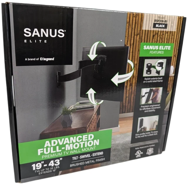 Alt view image 4 of 7 - SANUS Elite Advanced Full-Motion TV Wall Mount for 1943" TVs up to 35 lbs Tilts, Swivels & Extends 16" Black Brushed Metal Low Profile, Easy Install