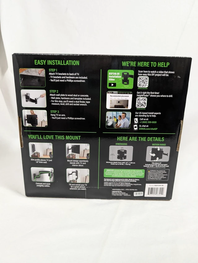 Alt view image 7 of 7 - SANUS Elite Advanced Full-Motion TV Wall Mount for 1943" TVs up to 35 lbs Tilts, Swivels & Extends 16" Black Brushed Metal Low Profile, Easy Install