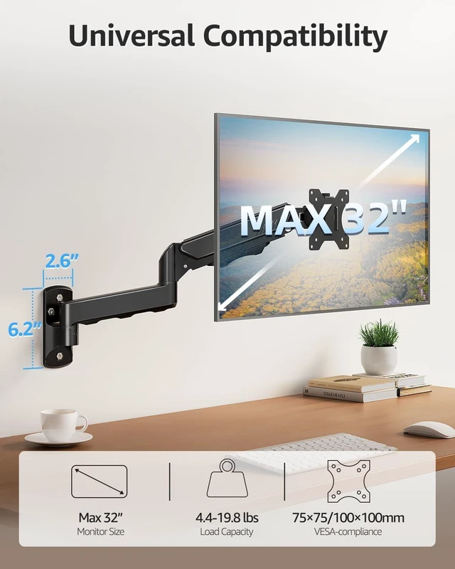 Alt view image 2 of 7 - MOUNTUP Single Monitor Wall Mount for Max 32 Inch Computer Screen, Fully Adjustable Monitor Arm, Wall Mount Monitors Holder Support 4.4-19.8lbs Display, VESA Bracket Fit 75x75mm, 100x100mm
