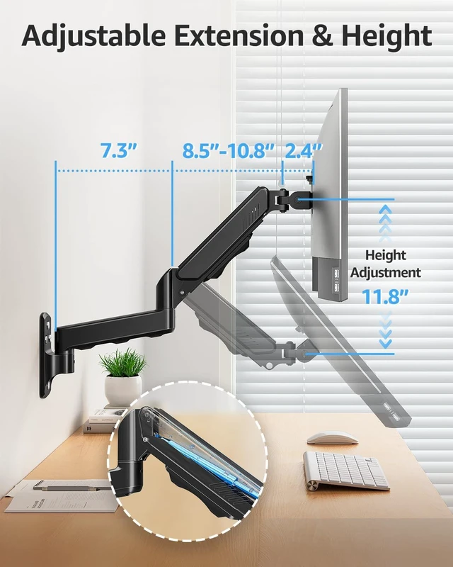 Alt view image 4 of 7 - MOUNTUP Single Monitor Wall Mount for Max 32 Inch Computer Screen, Fully Adjustable Monitor Arm, Wall Mount Monitors Holder Support 4.4-19.8lbs Display, VESA Bracket Fit 75x75mm, 100x100mm