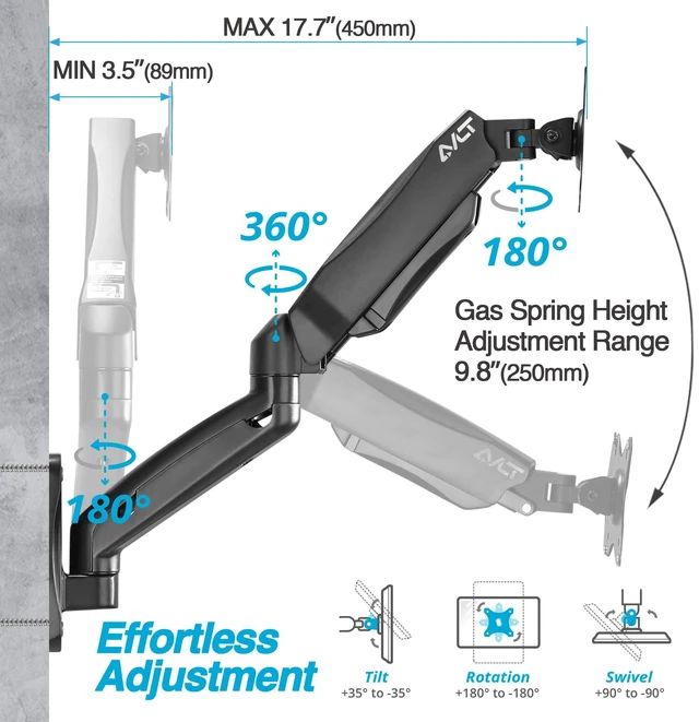 Alt view image 3 of 7 - AVLT Dual 17"-32" Monitor Wall Mount fits Two Flat/Curved Computer Screen | 19.8 lbs Full Motion Height Swivel Tilt Rotation Adjustable Arm - VESA/Cable Management