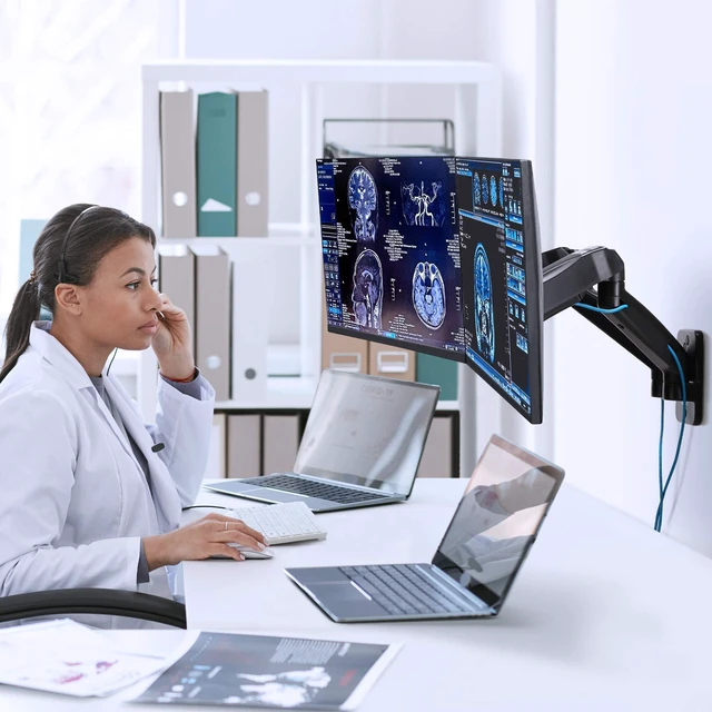 Alt view image 6 of 7 - AVLT Dual 17"-32" Monitor Wall Mount fits Two Flat/Curved Computer Screen | 19.8 lbs Full Motion Height Swivel Tilt Rotation Adjustable Arm - VESA/Cable Management