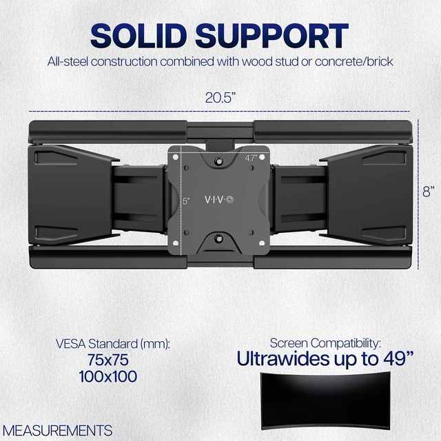 Alt view image 3 of 7 - VIVO Black Telescoping Ultrawide Wall Mount, Up to 49" Screens, Mount-VWLP2 | Heavy Duty Ultra Wide Monitor Mount, Adjustable, Low Profile, Max VESA 100x100mm, Holds 44 lbs