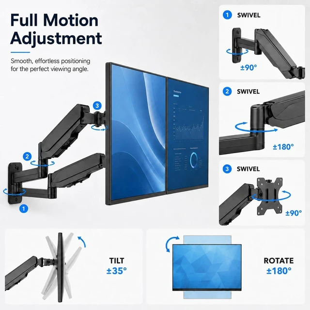 Alt view image 5 of 7 - Mount-It! Dual Monitor Wall Mount Bracket - Double Computer Monitor Wall Mount With Two Height Adjustable Full Motion Arms Tilt up to 17" - 32" Inch Screens with 75, 100 VESA Patterns, 19.8 Lb Per Arm