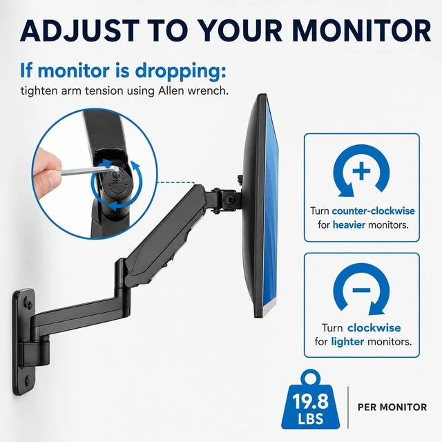 Alt view image 6 of 7 - Mount-It! Dual Monitor Wall Mount Bracket - Double Computer Monitor Wall Mount With Two Height Adjustable Full Motion Arms Tilt up to 17" - 32" Inch Screens with 75, 100 VESA Patterns, 19.8 Lb Per Arm