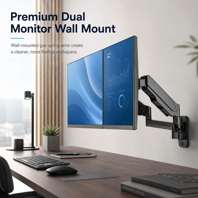 Alt view image 7 of 7 - Mount-It! Dual Monitor Wall Mount Bracket - Double Computer Monitor Wall Mount With Two Height Adjustable Full Motion Arms Tilt up to 17" - 32" Inch Screens with 75, 100 VESA Patterns, 19.8 Lb Per Arm