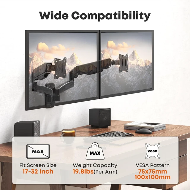 Alt view image 2 of 7 - Dual Monitor Wall Mount for 17-32 inch Flat/Curved Computer Screens | Aviation-Grade Aluminum Gas Spring, Full Motion, Holds Up to 19.8lbs per Arm, VESA 75/100 mm, Black