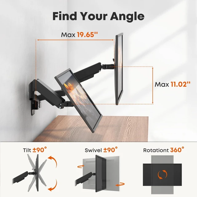 Alt view image 3 of 7 - Dual Monitor Wall Mount for 17-32 inch Flat/Curved Computer Screens | Aviation-Grade Aluminum Gas Spring, Full Motion, Holds Up to 19.8lbs per Arm, VESA 75/100 mm, Black