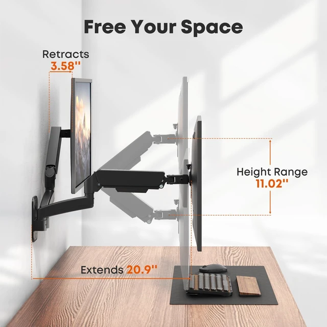 Alt view image 4 of 7 - Dual Monitor Wall Mount for 17-32 inch Flat/Curved Computer Screens | Aviation-Grade Aluminum Gas Spring, Full Motion, Holds Up to 19.8lbs per Arm, VESA 75/100 mm, Black