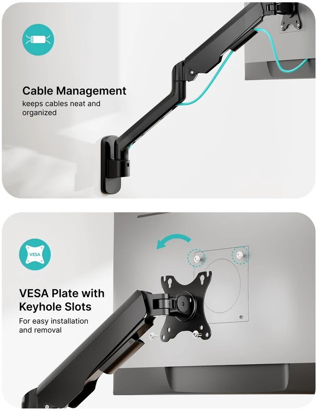 Alt view image 7 of 7 - PEGZONE Single Monitor Wall Arm 17"-40" Ultrawide 26.4Lbs VESA Black | Fully Adjustable, Space Saving Design, VESA 75x75 & 100x100, For Home Office Gaming, Supports Ultrawide Displays