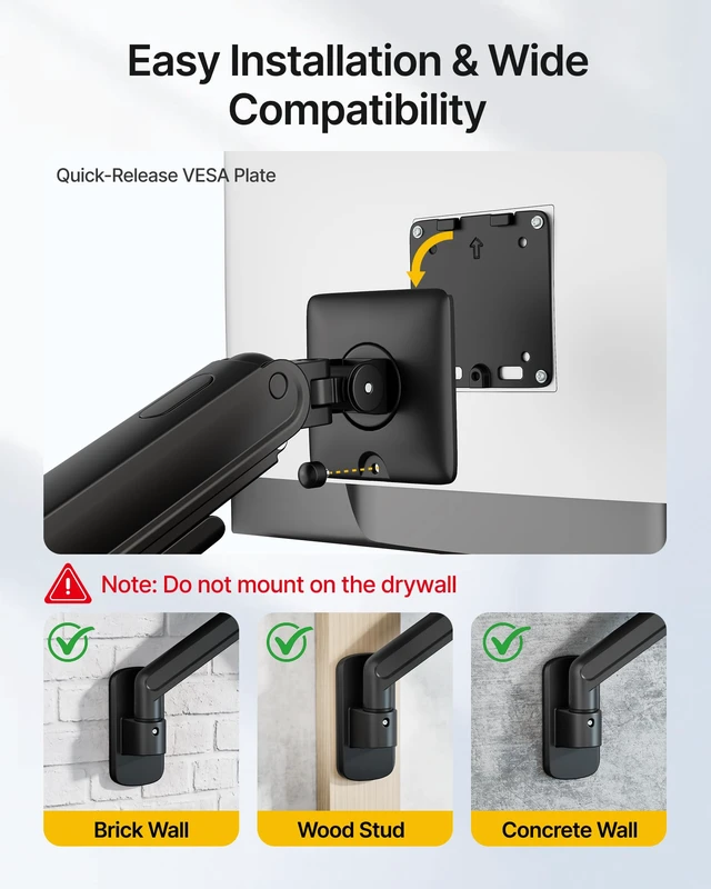 Alt view image 7 of 7 - monTEK Single Monitor Wall Mount, Full Motion Spring Arm for 17-40" Screen | Holds to 26.4 lbs, Heigt Adjustable Mechanical Spring Monitor Arm, 75x75/100x100 VESA Wall Mount, Wobble-free,Black