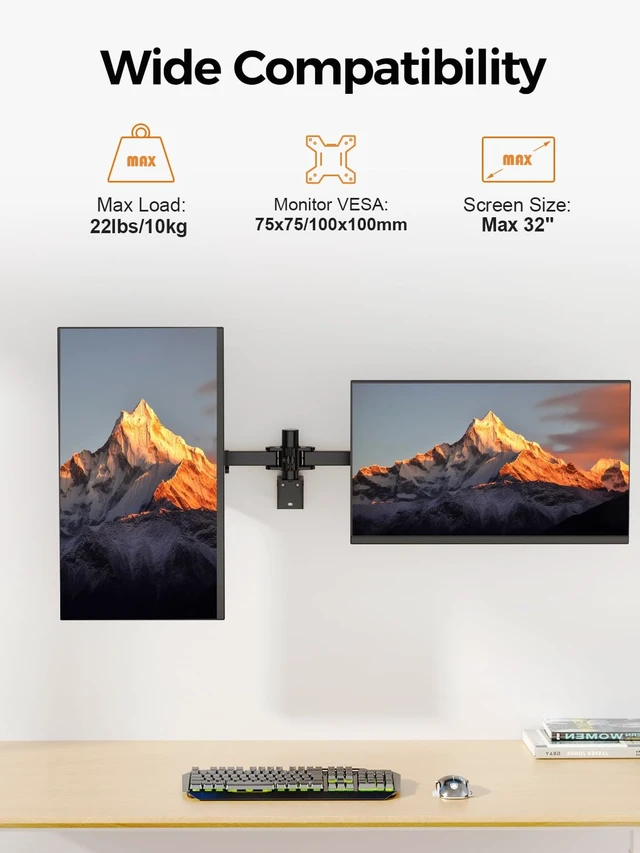 Alt view image 3 of 7 - Bracwiser Dual Monitor Wall Mount for 17 to 32 inch Computer Screens, Each Holds to 22 lbs, Heavy Duty Telescoping Wall Monitor Arms, 75x75/100x100 VESA Horizontal Assembly Wall Mount, Black, WM94X2