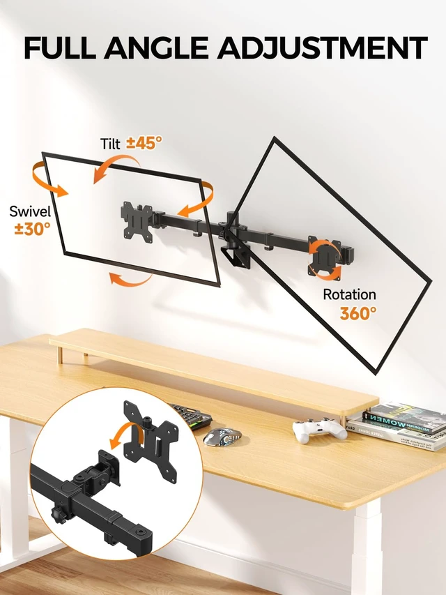 Alt view image 4 of 7 - Bracwiser Dual Monitor Wall Mount for 17 to 32 inch Computer Screens, Each Holds to 22 lbs, Heavy Duty Telescoping Wall Monitor Arms, 75x75/100x100 VESA Horizontal Assembly Wall Mount, Black, WM94X2