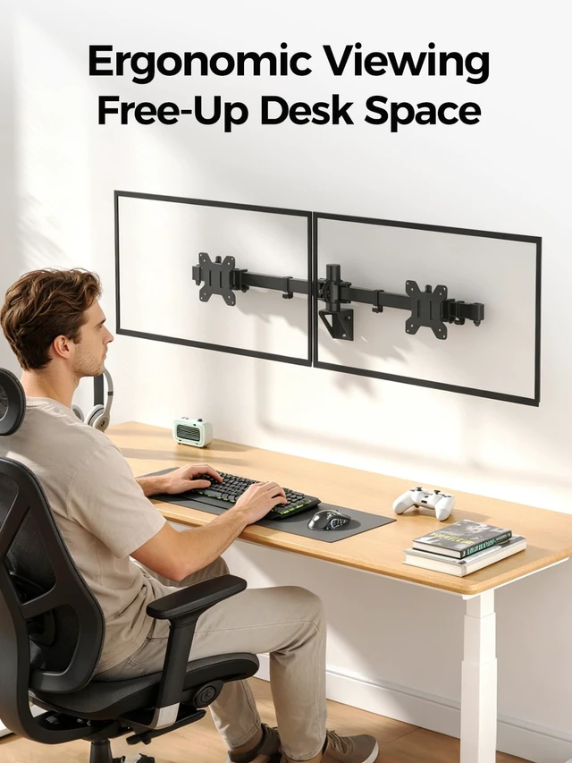 Alt view image 5 of 7 - Bracwiser Dual Monitor Wall Mount for 17 to 32 inch Computer Screens, Each Holds to 22 lbs, Heavy Duty Telescoping Wall Monitor Arms, 75x75/100x100 VESA Horizontal Assembly Wall Mount, Black, WM94X2