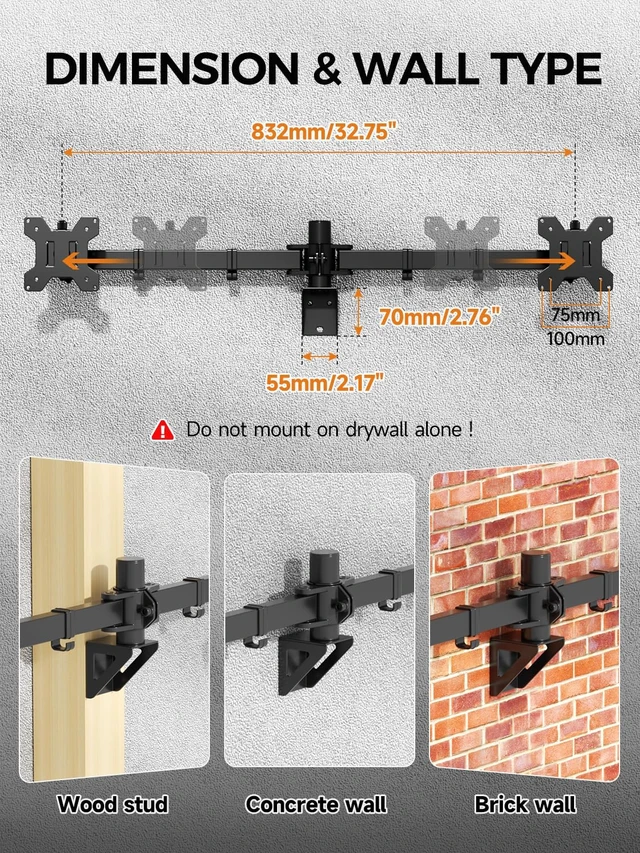 Alt view image 6 of 7 - Bracwiser Dual Monitor Wall Mount for 17 to 32 inch Computer Screens, Each Holds to 22 lbs, Heavy Duty Telescoping Wall Monitor Arms, 75x75/100x100 VESA Horizontal Assembly Wall Mount, Black, WM94X2
