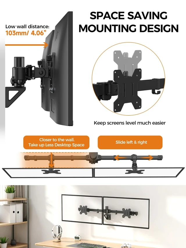Alt view image 7 of 7 - Bracwiser Dual Monitor Wall Mount for 17 to 32 inch Computer Screens, Each Holds to 22 lbs, Heavy Duty Telescoping Wall Monitor Arms, 75x75/100x100 VESA Horizontal Assembly Wall Mount, Black, WM94X2